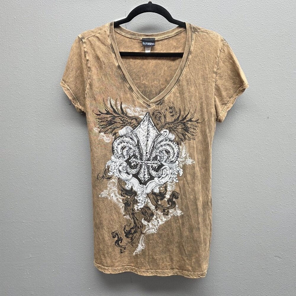Fleur De Lis Shirt Womens Large Brown V-Neck Rhinestone Graphic Mineral Wash